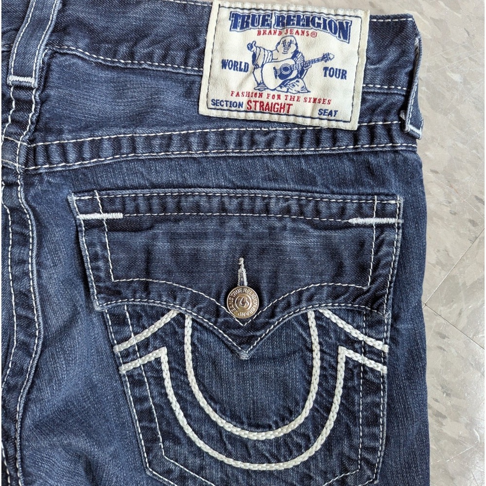 Vintage Y2K True Religion World Tour Straight Leg Jeans Dark Wash White Stitch